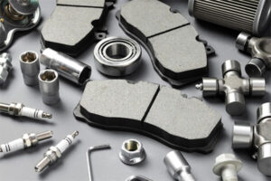 A collection of various brake pads and automotive parts displayed on a surface, showcasing different shapes and sizes.