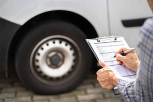 A man sits in front of a van, writing on a clipboard.