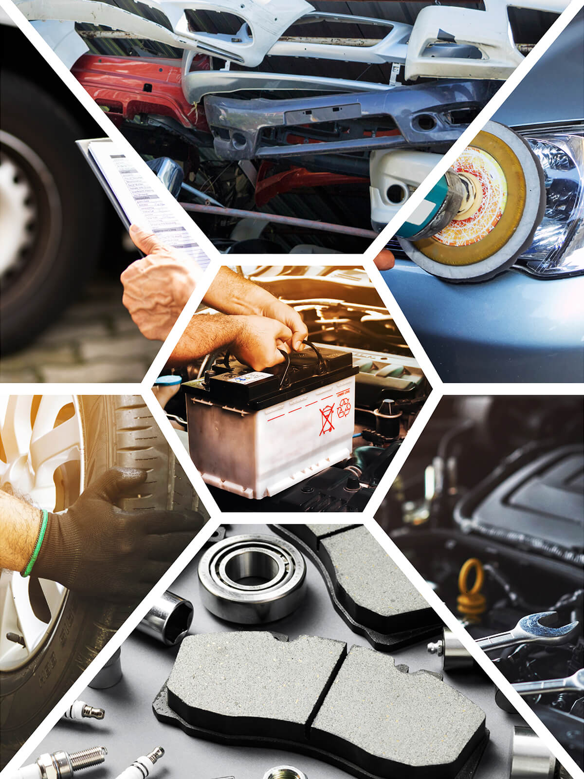 A collage featuring various car parts and accessories, including wheels, engines, and interior components.